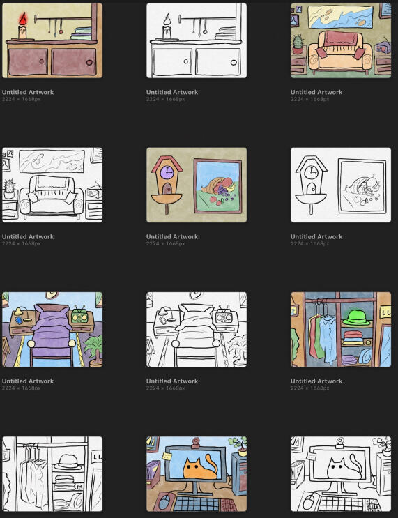 Lineart and Colored art of the rooms